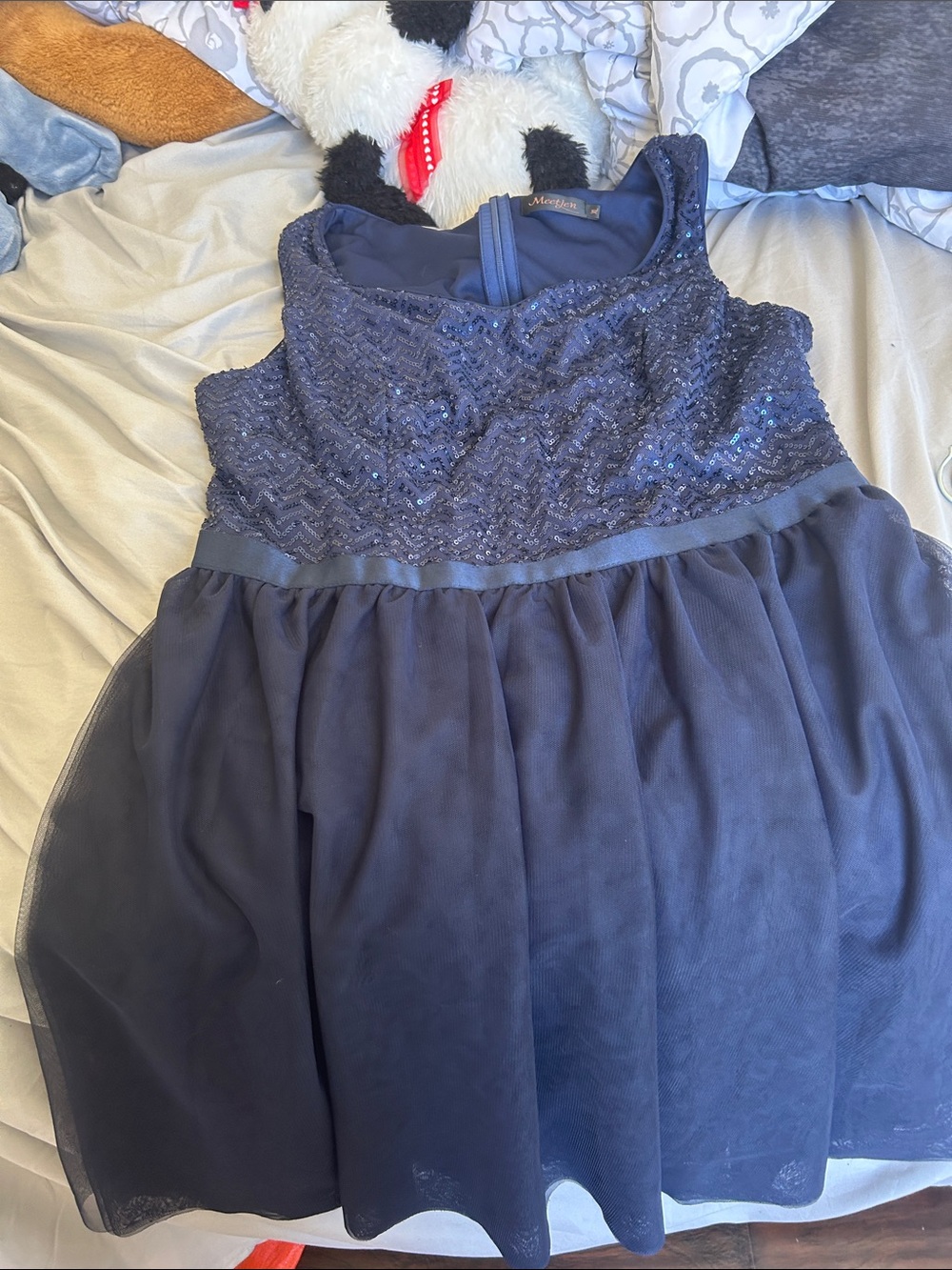 Sleeveless Navy Sequin Maxi Dress with Tulle Skirt